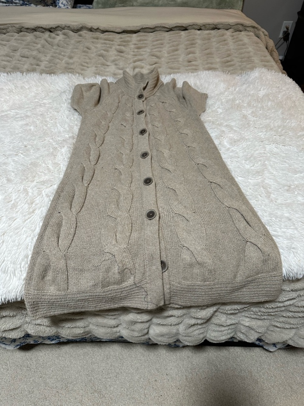 Button-Front Cable Knit Short-Sleeve Sweater Dress - Taupe